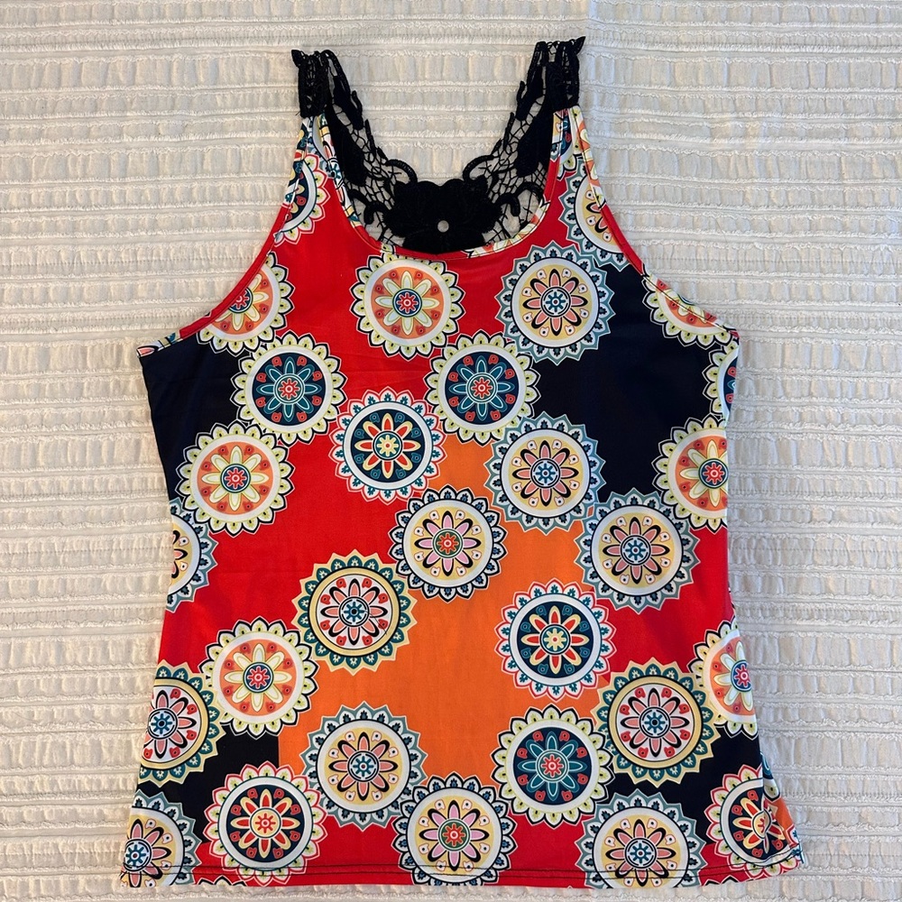 Multicolored ladies tank top with black lace.